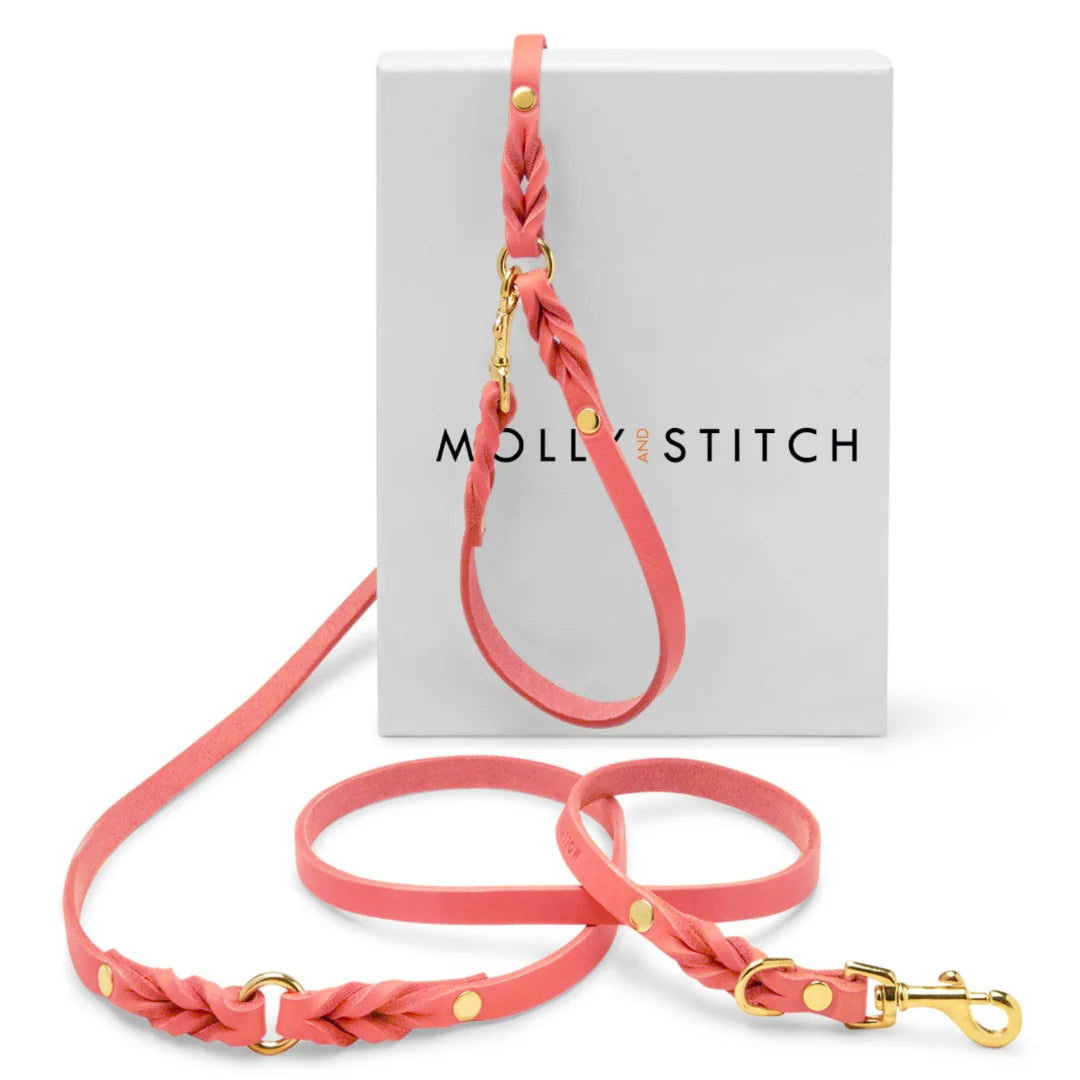 Butter Leather 3x Adjustable Dog Leash - Coral Pink